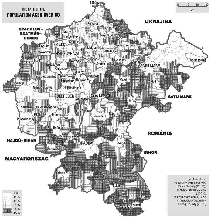 6. ábra: Az időskorú (60 év feletti) lakosság aránya Szabolcs-Szatmár-Bereg és Hajdú- Bihar (2001), valamint Bihar és Szatmár (2002) megyében községi szinten.