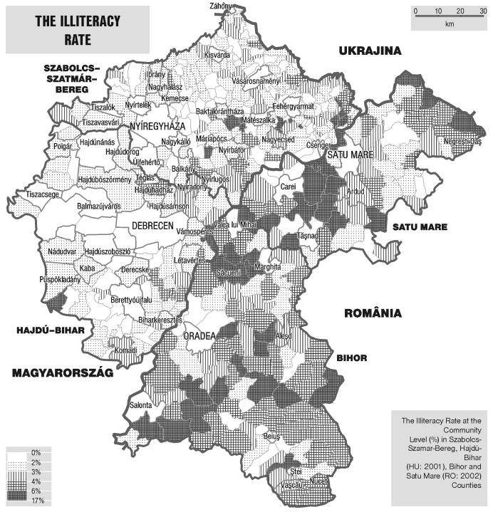 7. ábra: Az írástudatlanság mértéke Szabolcs-Szatmár-Bereg és Hajdú-Bihar (2001), valamint Bihar és Szatmár (2002) megyében községi szinten. Forrás: a vizsgált megyék Megyei Statisztikai Hivatalai.