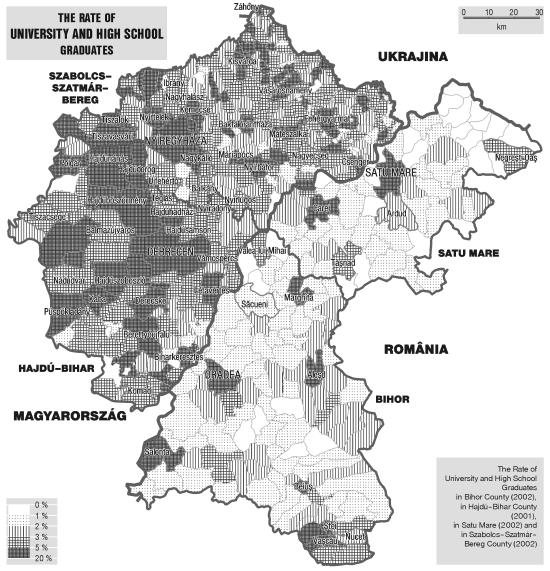 8. ábra: A felsőfokú végzettek aránya Szabolcs-Szatmár-Bereg és Hajdú-Bihar (2001), valamint Bihar és Szatmár (2002) megyékben községi szinten. Forrás: a vizsgált megyék Megyei Statisztikai Hivatalai.