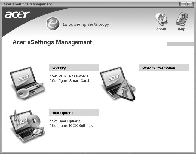 6 Acer esettings Management Az Acer esettings Management segítségével megvizsgálhatja a hardver specifikációit, illetve figyelemmel kísérheti a rendszer egészségi állapotát.