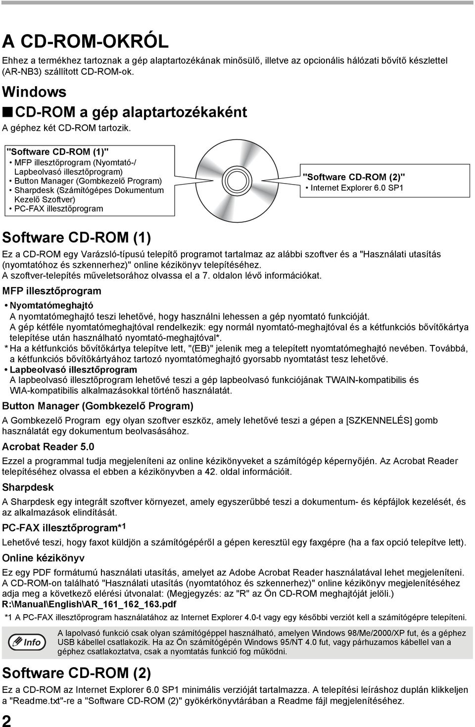 "Software CD-ROM ()" MFP illesztőprogram (Nyomtató-/ Lapbeolvasó illesztőprogram) Button Manager (Gombkezelő Program) Sharpdesk (Számítógépes Dokumentum Kezelő Szoftver) PC-FAX illesztőprogram