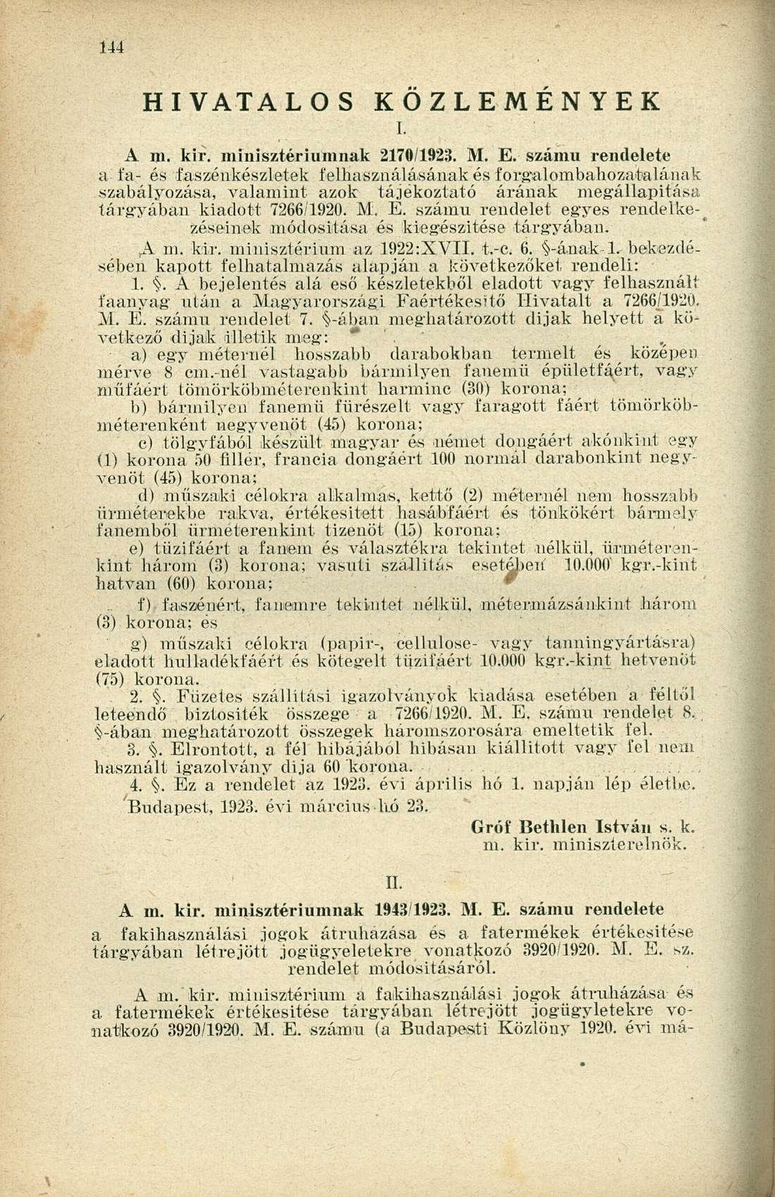 HIVATALOS KÖZLEMÉNYEK i. A m. kii. minisztériumnak 2170/1923. M. E.