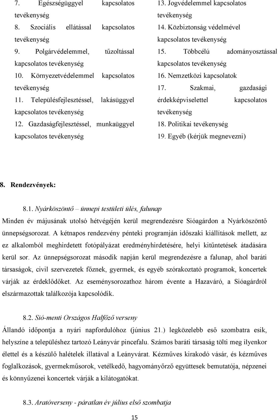 Közbiztonság védelmével kapcsolatos tevékenység 15. Többcélú adományosztással kapcsolatos tevékenység 16. Nemzetközi kapcsolatok 17. Szakmai, gazdasági érdekképviselettel kapcsolatos tevékenység 18.