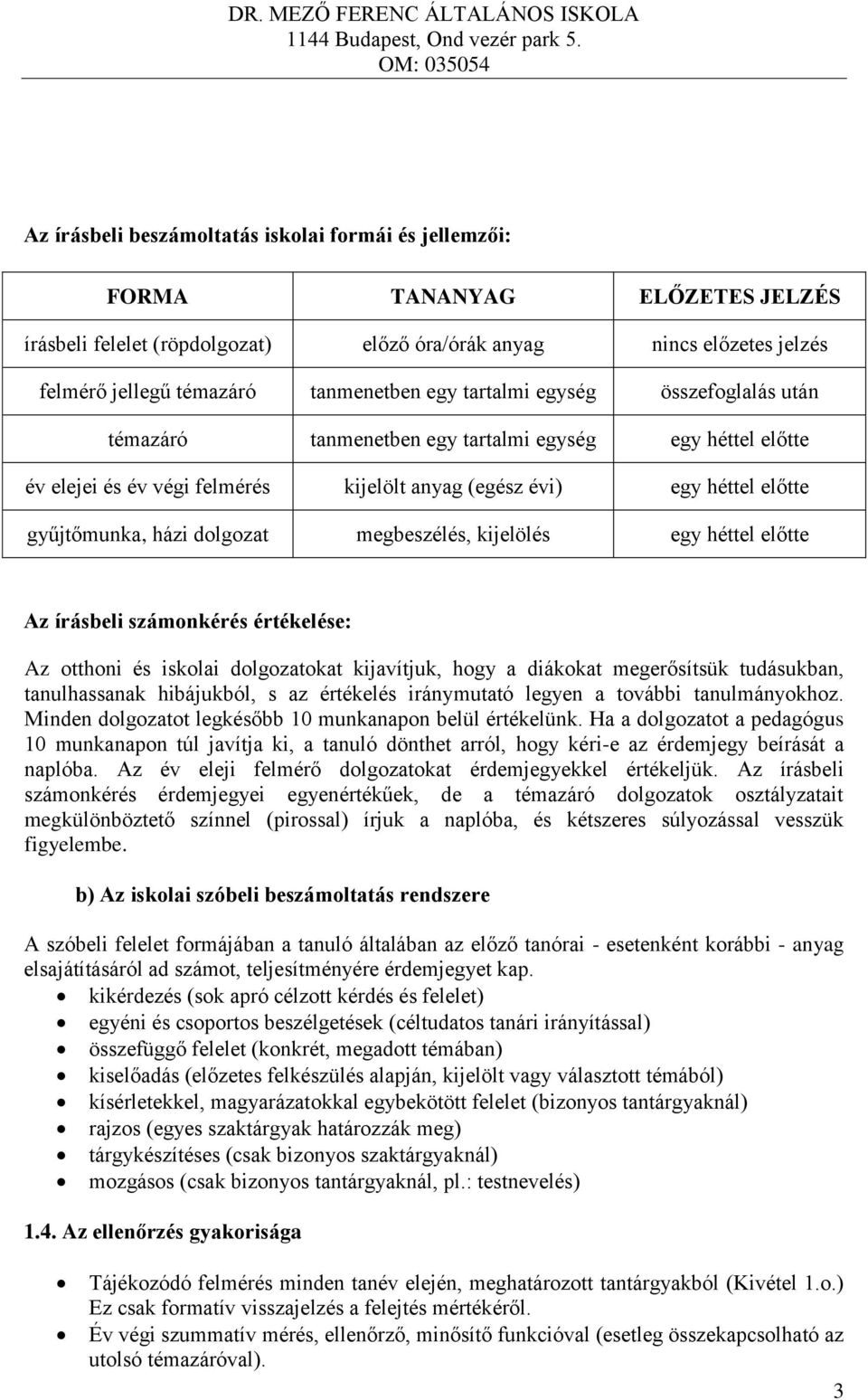 megbeszélés, kijelölés egy héttel előtte Az írásbeli számonkérés értékelése: Az otthoni és iskolai dolgozatokat kijavítjuk, hogy a diákokat megerősítsük tudásukban, tanulhassanak hibájukból, s az