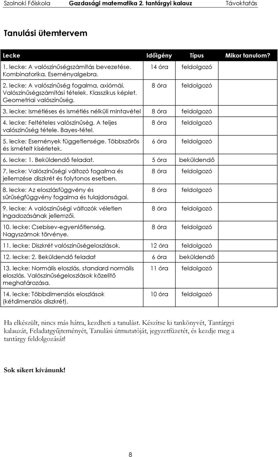 lecke: Feltételes valószínűség. A teljes valószínűség tétele. Bayes-tétel. 5. lecke: Események függetlensége. Többszörös és ismételt kísérletek. 8 óra feldolgozó 6 óra feldolgozó 6. lecke: 1.