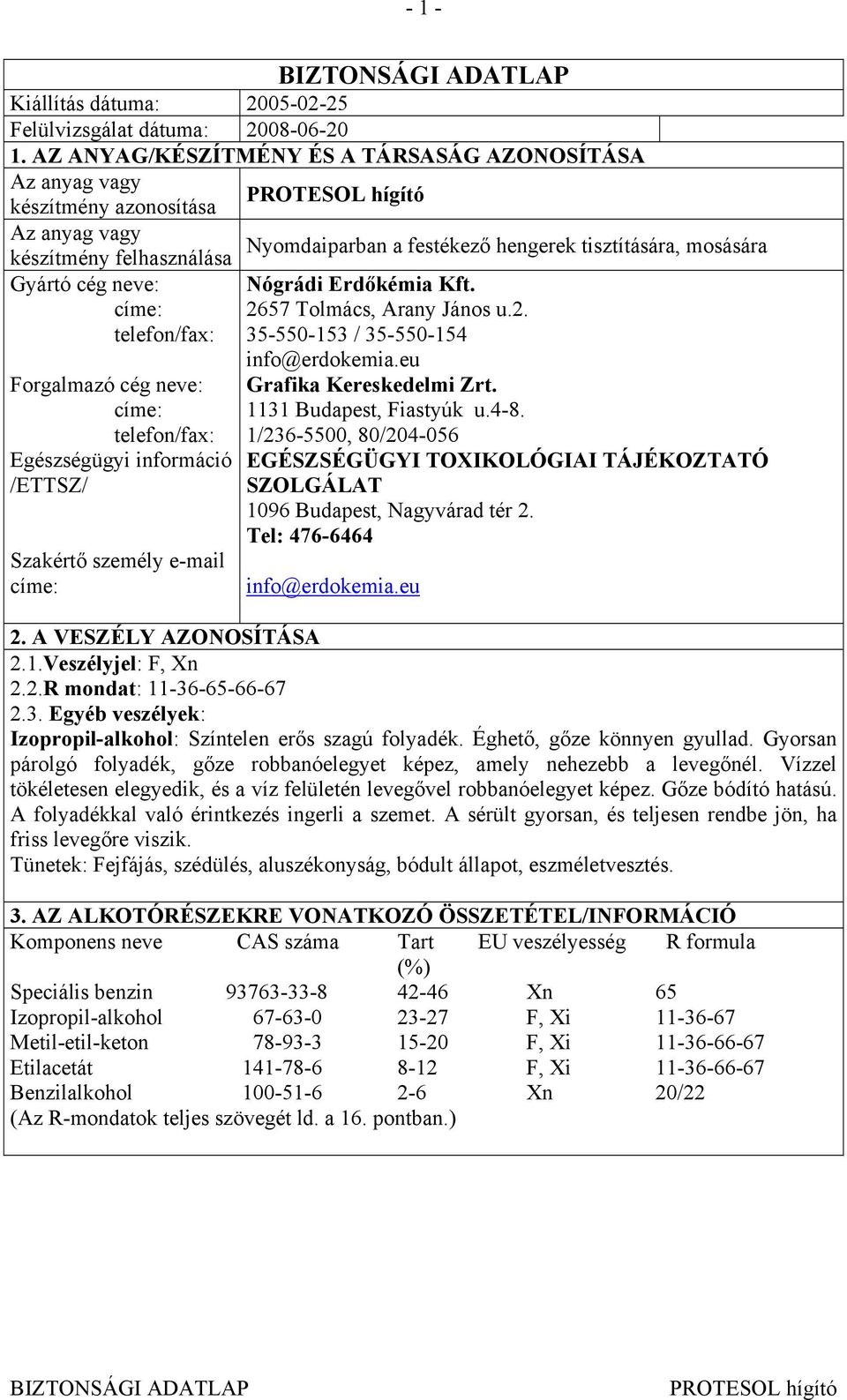 címe: telefon/fax: Forgalmazó cég neve: címe: telefon/fax: Egészségügyi információ /ETTSZ/ Szakértő személy e-mail címe: Nógrádi Erdőkémia Kft. 2657 Tolmács, Arany János u.2. 35-550-153 / 35-550-154 info@erdokemia.