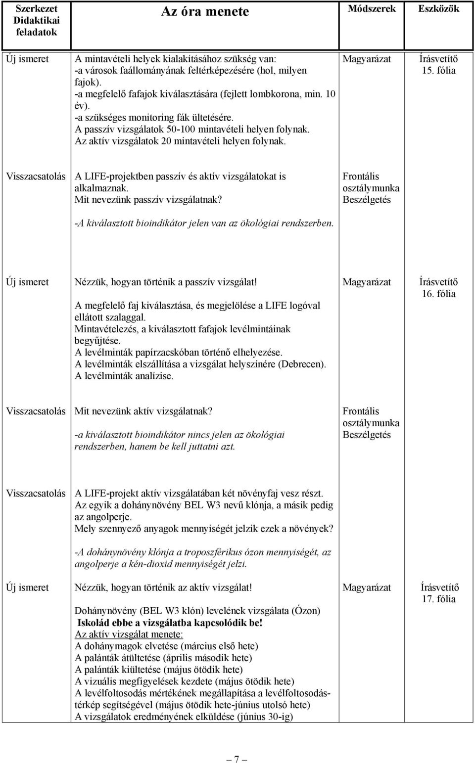 fólia Visszacsatolás A LIFE-projektben passzív és aktív vizsgálatokat is alkalmaznak. Mit nevezünk passzív vizsgálatnak? -A kiválasztott bioindikátor jelen van az ökológiai rendszerben.