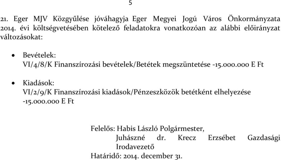 változásokat: Bevételek: VI/4/8/K Finanszírozási bevételek/betétek megszüntetése -15.