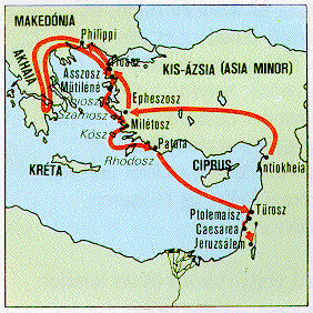 8 A harmadik missziói út Kr.u. 55-58 Galácia vidéke, és Frigia, Efezus, Macedónia,Troász, Milétusz, Cézárea, Jeruzsálem.