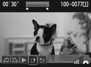 X A videó első és utolsó jelenetének szerkesztése Lehetőség van a videó első és utolsó jelenetének kivágására 1 másodperces lépésekben. 1 2 3 4 A videolejátszás képernyőn válassza ki a [X] opciót.