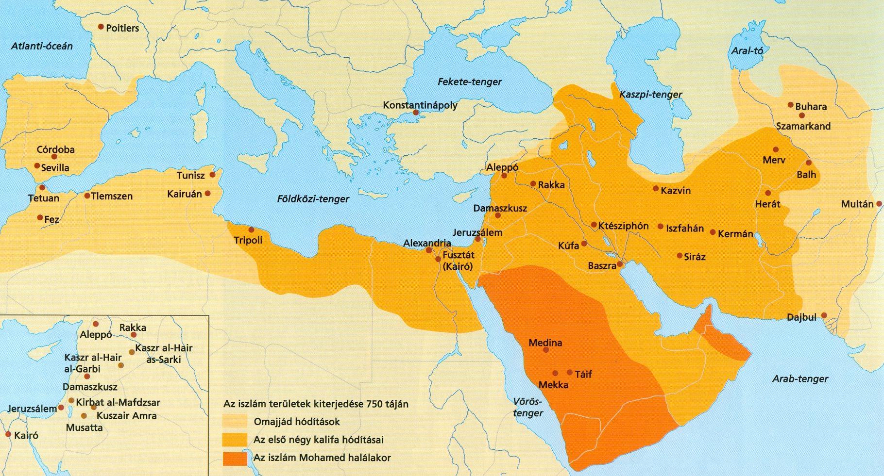 AZ OMAJJÁD KALIFÁTUS (661-750) 632: Mohamed halála / 632-634: Abu Bakr kalifa / 634-644: Omár kalifa / 634: Palesztina meghódítása / 635: Damaszkusz elfoglalása / 638: Jeruzsálem elfoglalása / 637: a