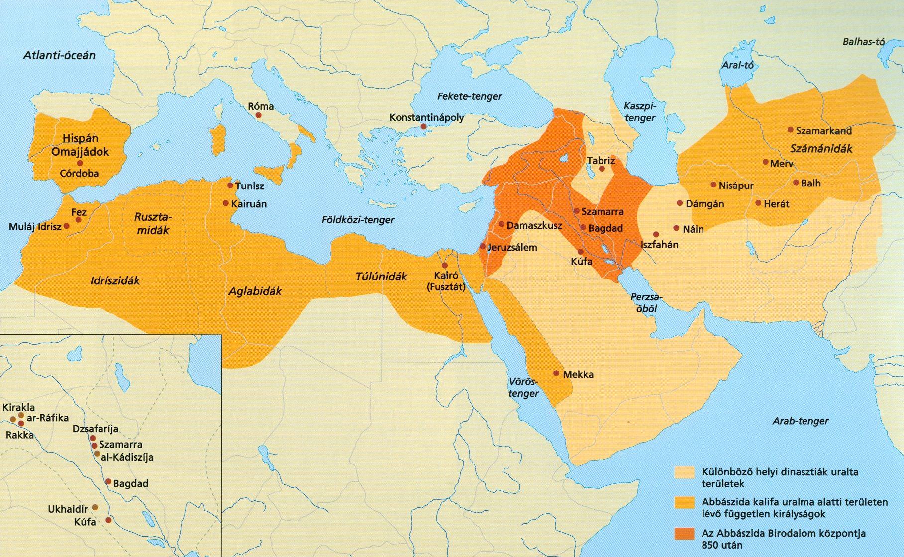 AZ ABBÁSZIDA-KALIFÁTUS (750-1055/1258) 750-754: Abbász kalifa (a mészáros) / 754-755: Al-Manszúr kalifa / 762: Bagdad alapítása / 786-809: Hárún ar-rasid / 836: Szamarra alapítása / 848-852:
