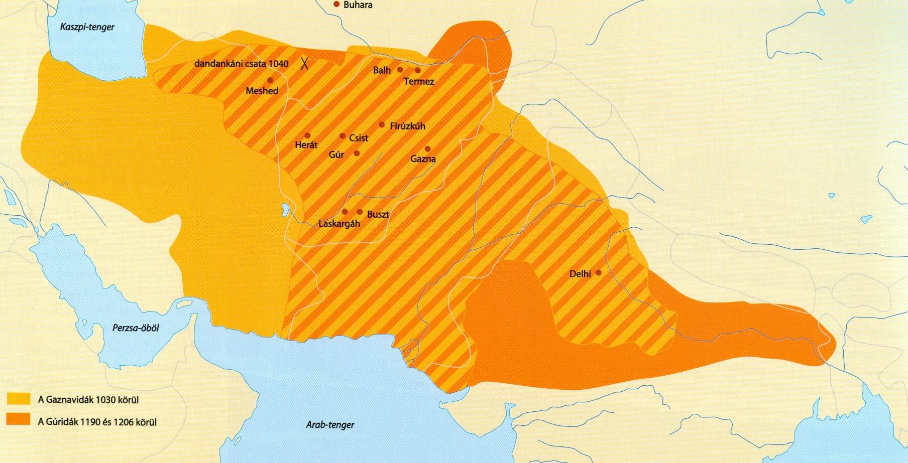 A GAZNAVIDÁK (977-1186) ÉS A GÚRIDÁK (1000-1215) Gaznavidák (977-1186): közép-ázsiai eredetű török dinasztia, alapítója Szebüktegin, egy a Számánidák szolgálatában álló rabszolga.