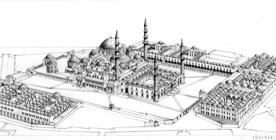 AZ ISZLÁM ÉPÍTÉSZET ALAPELEMEI / A KUPOLÁS MECSET ISZTAMBUL, SÜLEYMANIYE CAMII / SZULEJMÁN-DZSÁMI / A HATALMAS Maga Szulejmán választotta ki a leendő komplexum helyét a korábban leégett Régi Palota