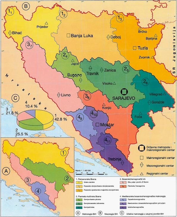 16. ábra. Bosznia-Hercegovina (mezo)regionális beosztása* * 1 3 -mal jelölve a tuzlai régió területe Forrás: FILANDRA, Š. (ed.) 1998. pp. 29. 14.