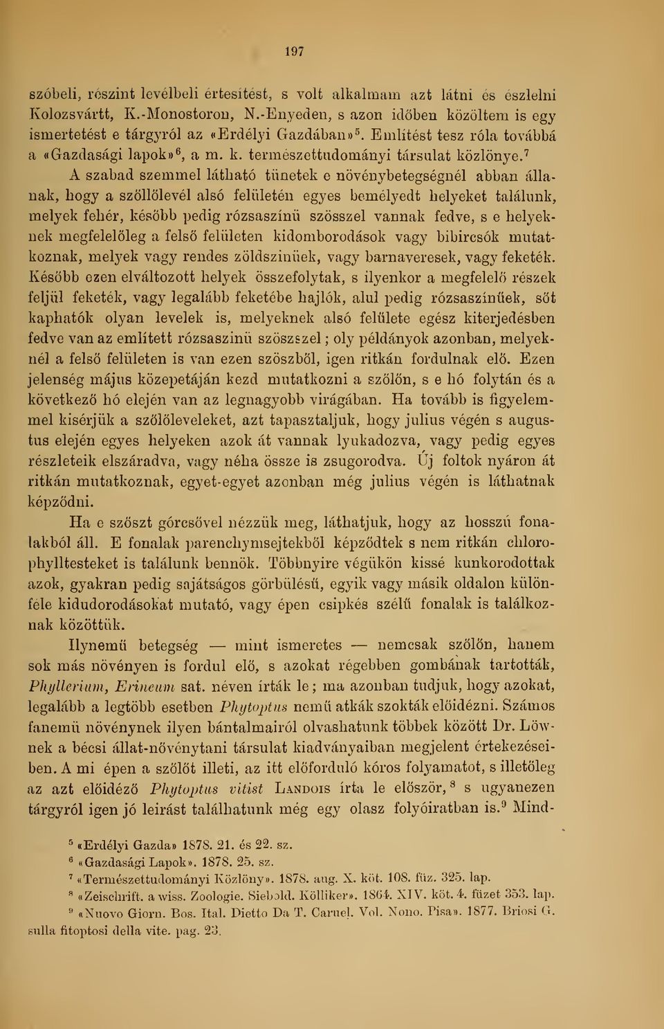 '^ A szabad szemmel látható tünetek e növénybetegségnél abban állanak, bogy a szöllölevél alsó felületén egyes bemélyedt helyeket találunk, melyek fehér, késbb pedig rózsaszín szösszel vannak fedve,