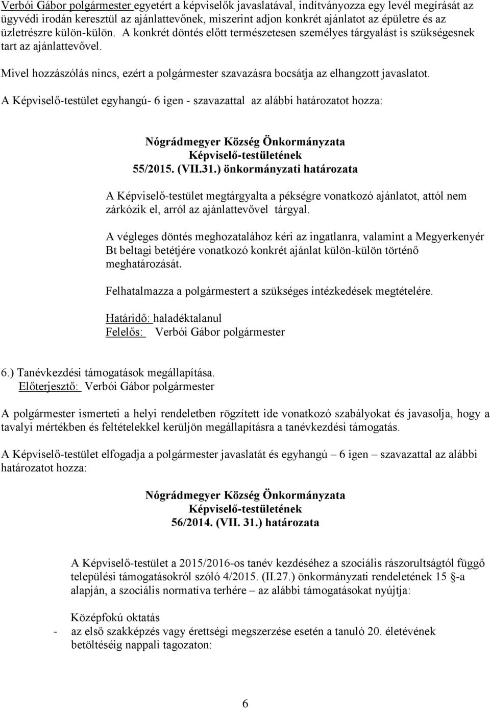 Mivel hozzászólás nincs, ezért a polgármester szavazásra bocsátja az elhangzott javaslatot. A Képviselő-testület egyhangú- 6 igen - szavazattal az alábbi határozatot hozza: 55/2015. (VII.31.