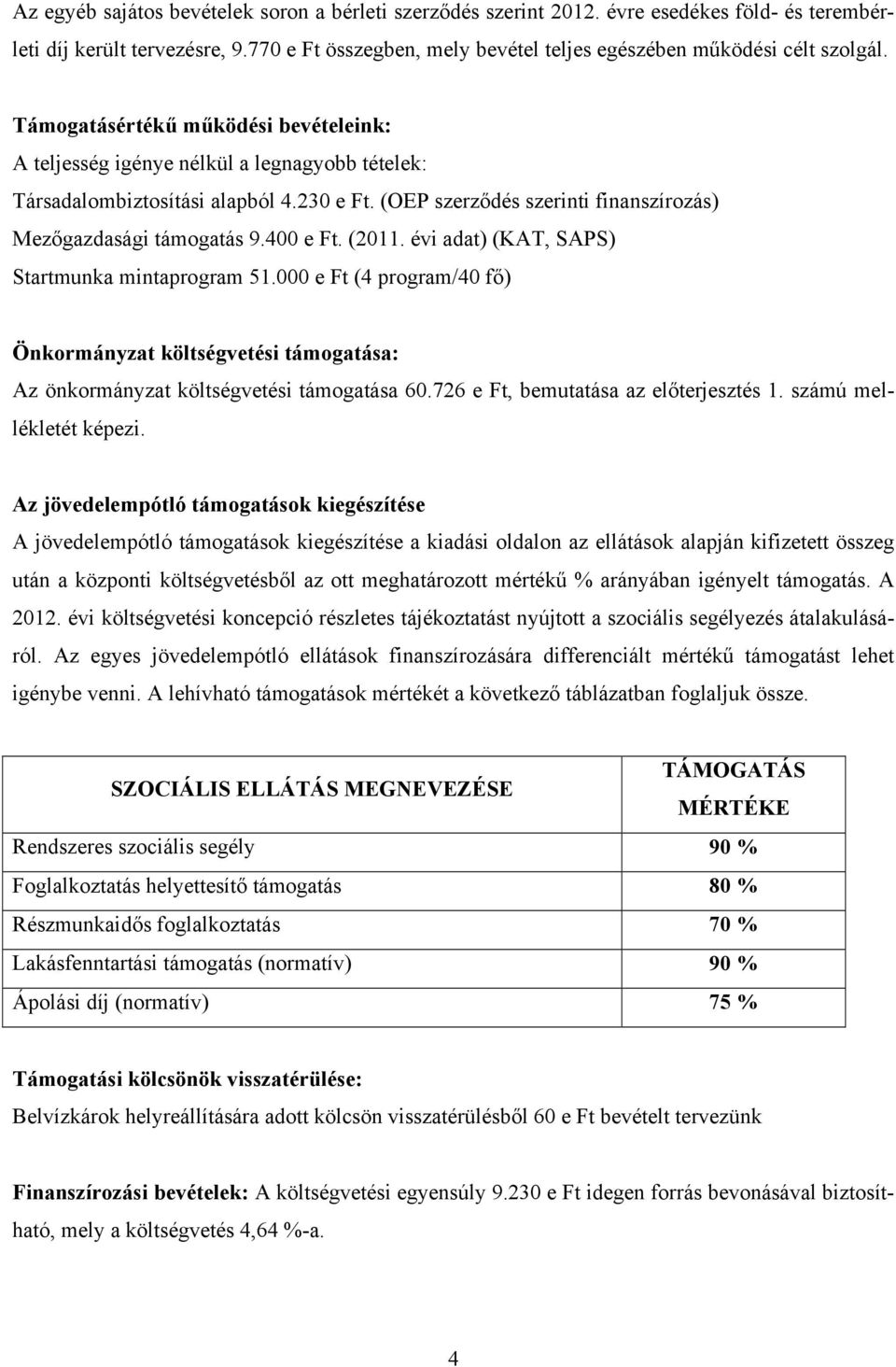 400 e Ft. (2011. évi adat) (KAT, SAPS) Startmunka mintaprogram 51.000 e Ft (4 program/40 fő) Önkormányzat költségvetési támogatása: Az önkormányzat költségvetési támogatása 60.