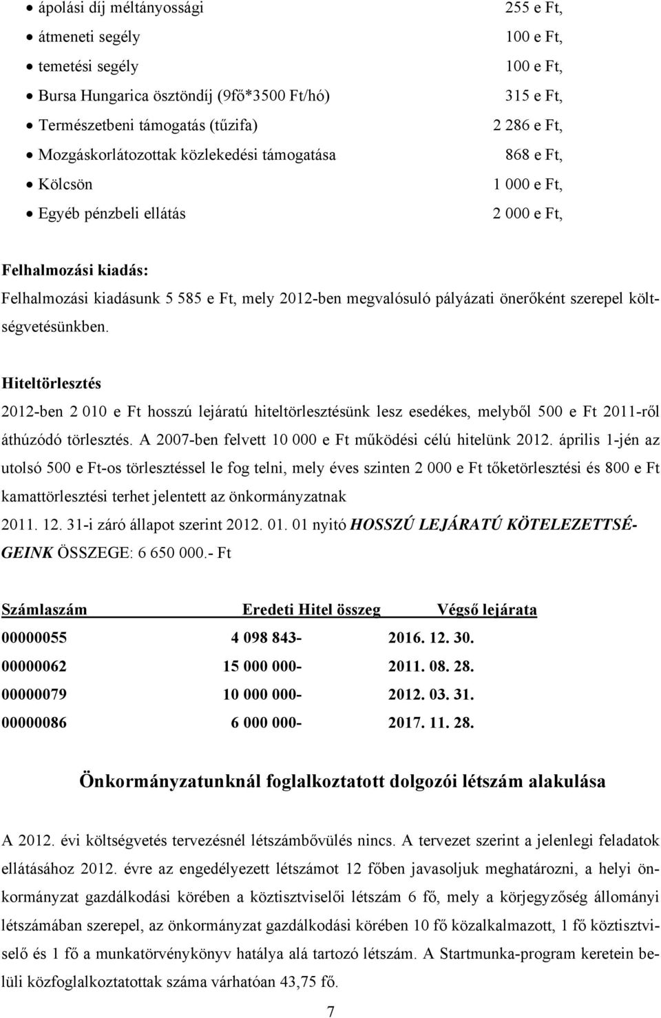 szerepel költségvetésünkben. Hiteltörlesztés 2012-ben 2 010 e Ft hosszú lejáratú hiteltörlesztésünk lesz esedékes, melyből 500 e Ft 2011-ről áthúzódó törlesztés.