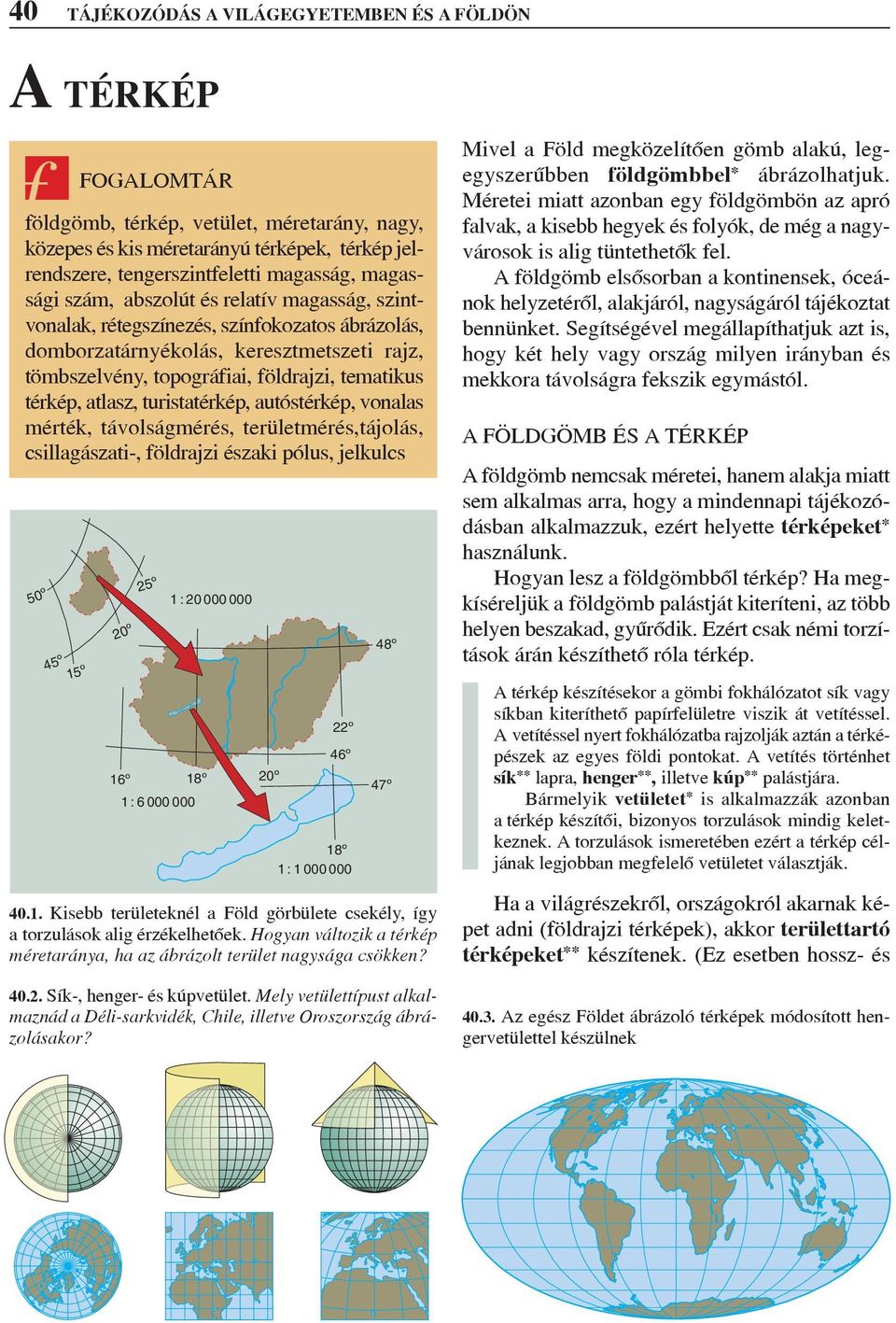 turistatérkép, autóstérkép, vonalas mérték, távolsámérés, területmérés,tájolás, csillaászati-, földrajzi északi pólus, jelkulcs 50º 45º 15º 20º 25º 1 : 20 000 000 16º 18º 20º 1 : 6 000 000 40.2. Sík-, hener- és kúpvetület.