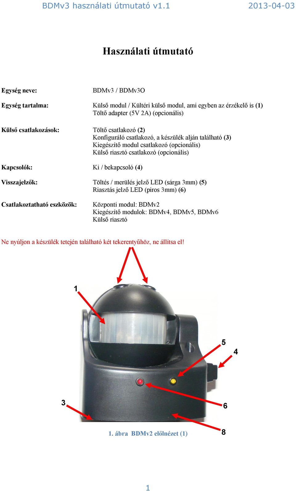 Kapcsolók: Ki / bekapcsoló (4) Visszajelzők: Töltés / merülés jelző LED (sárga 3mm) (5) Riasztás jelző LED (piros 3mm) (6) Csatlakoztatható eszközök: Központi modul: