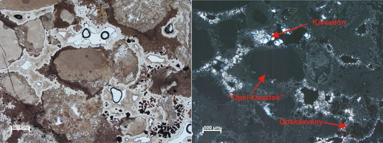 45. ábra: A riolitban nyomozható opál anyagú erezés mikroszkópi képe. 46. ábra: Sajátalakú kristályhalmaz helyét elfoglaló mozaikkristályos kvarc az opálból és kevés kalcedonból álló érben.