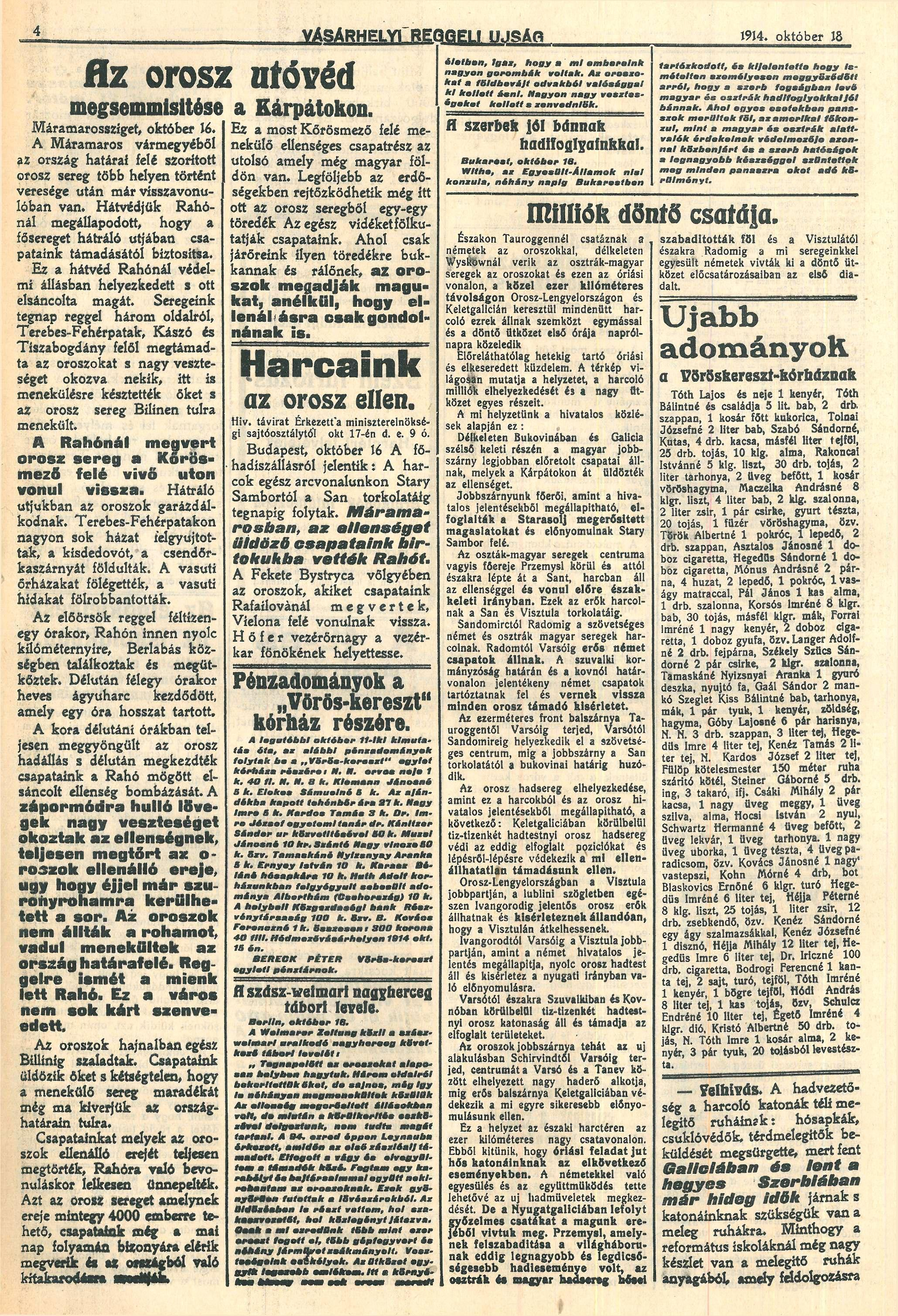 VÁSÁRHELYI R E G G E L I Ú J S Á G flz oroz uóvéd mgmmiíé Kárpáokon. Mármrozíg, okóbr 6.