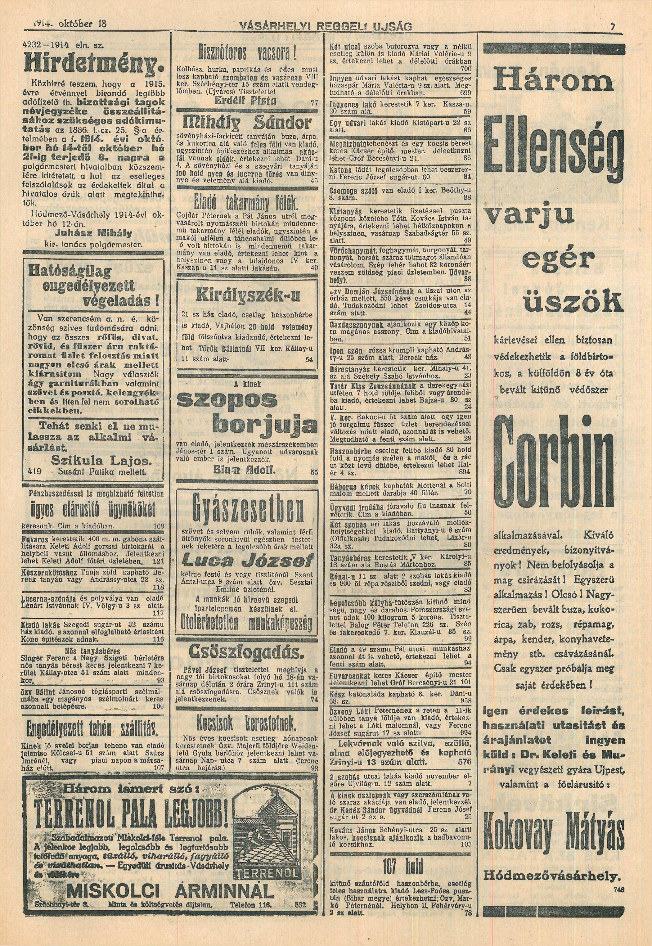 *9i4. okóbr 8 423294 VÁSÁRHELYI REGGELI ln. z. Hirdmény. Közhírré zm, 95. évr érvénnyl bírndó lgöbb dófiző h. b i z o á g i g o k névjgyzék özállíá ához zükég dókimu á z 886..-cz. 25. - ér lmébn f.