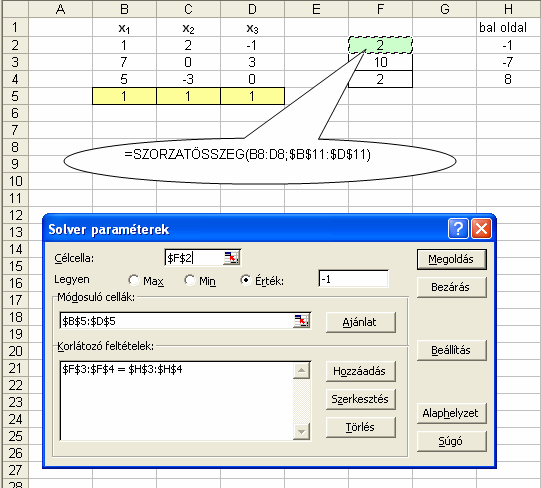 Ecel kidolgozott feldtok SZIE Informtik Tnszék Kidolgozás Megoldás gomb megnyomás után Solver eredményeket z eredeti tábláztbn kérve z egyenletrendszer megoldás