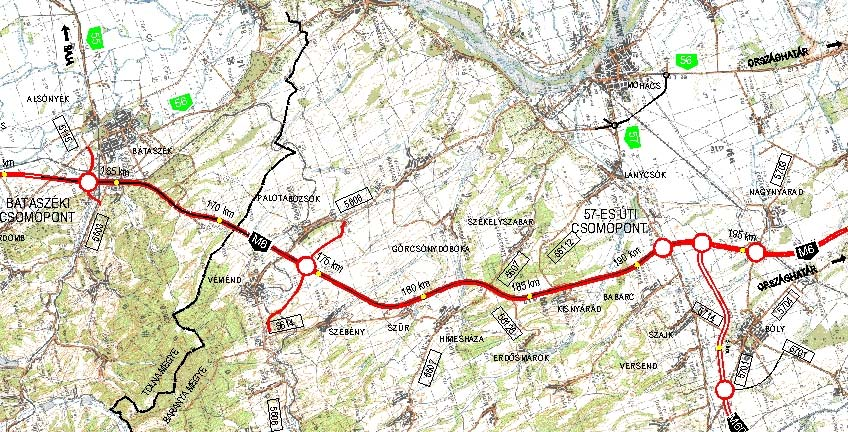 M6 Bátaszék-Bóly - átnézeti térkép BÁTASZÉK MOHÁCS BÓLY DOMBORZATI ADOTTSÁGOK NYOMVONAL MAGASSÁGI