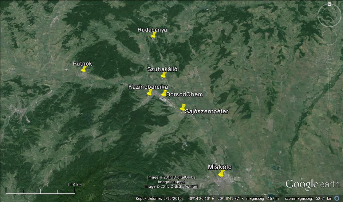 3. ábra: A BorsodChem 30 km-es sugarú környezetében található mérőállomások A legközelebbi állomás Kazincbarcikán található, ahol CO-t, NO-t, NO2-t, NO x -t, ózont, PM10-et és SO₂-t mérnek.