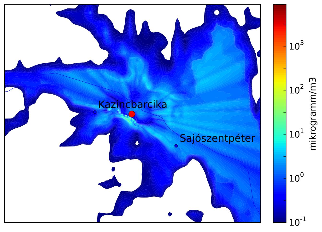 4. Eredmények A BorsodChem által bevallott éves kibocsátást figyelembe véve az adaptált modell egy teljes évre futtattuk a GFS meteorológiai modell 3 órás meteorológiai adatbázisát felhasználva.