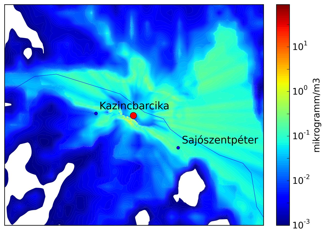 6. ábra: A BorsodChem kibocsátásából származó évi átlagos NO x koncentráció 2011-re Kazincbarcika térségében μg/ m 3 -ben