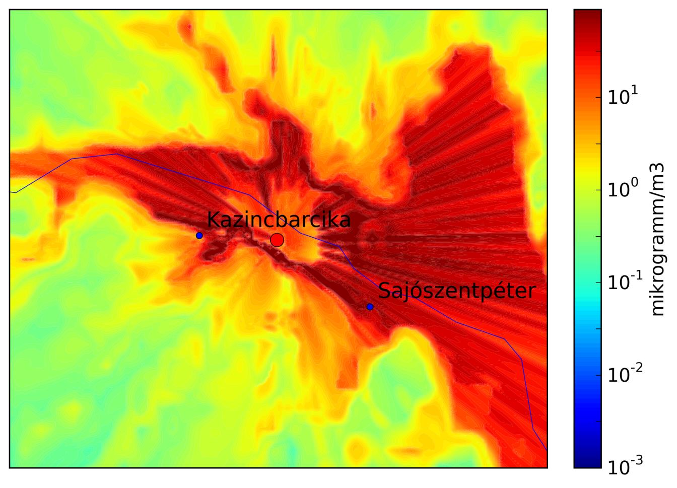 9. ábra: A BorsodChem kibocsátásából származó évi maximális NO x koncentráció2011-re Kazincbarcika térségében μg/ m 3 -ben