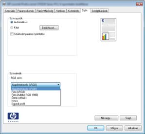 Színséma módosítása nyomtatási feladathoz 1. A szoftver Fájl menüjéből válassza ki a Nyomtatás sort. 2. Kattintson a Tulajdonságok vagy a Beállítások lehetőségre. 3. Kattintson a Szín fülre. 4.
