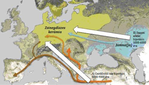 A DNS feltárja a modern európaiak többes eredetét Az indoeurópai nyelvek elterjedésére vonatkozó két jelentősebb hipotézis térképi ábrázolása (fehér nyilak), valamint a szövegben ismertetett