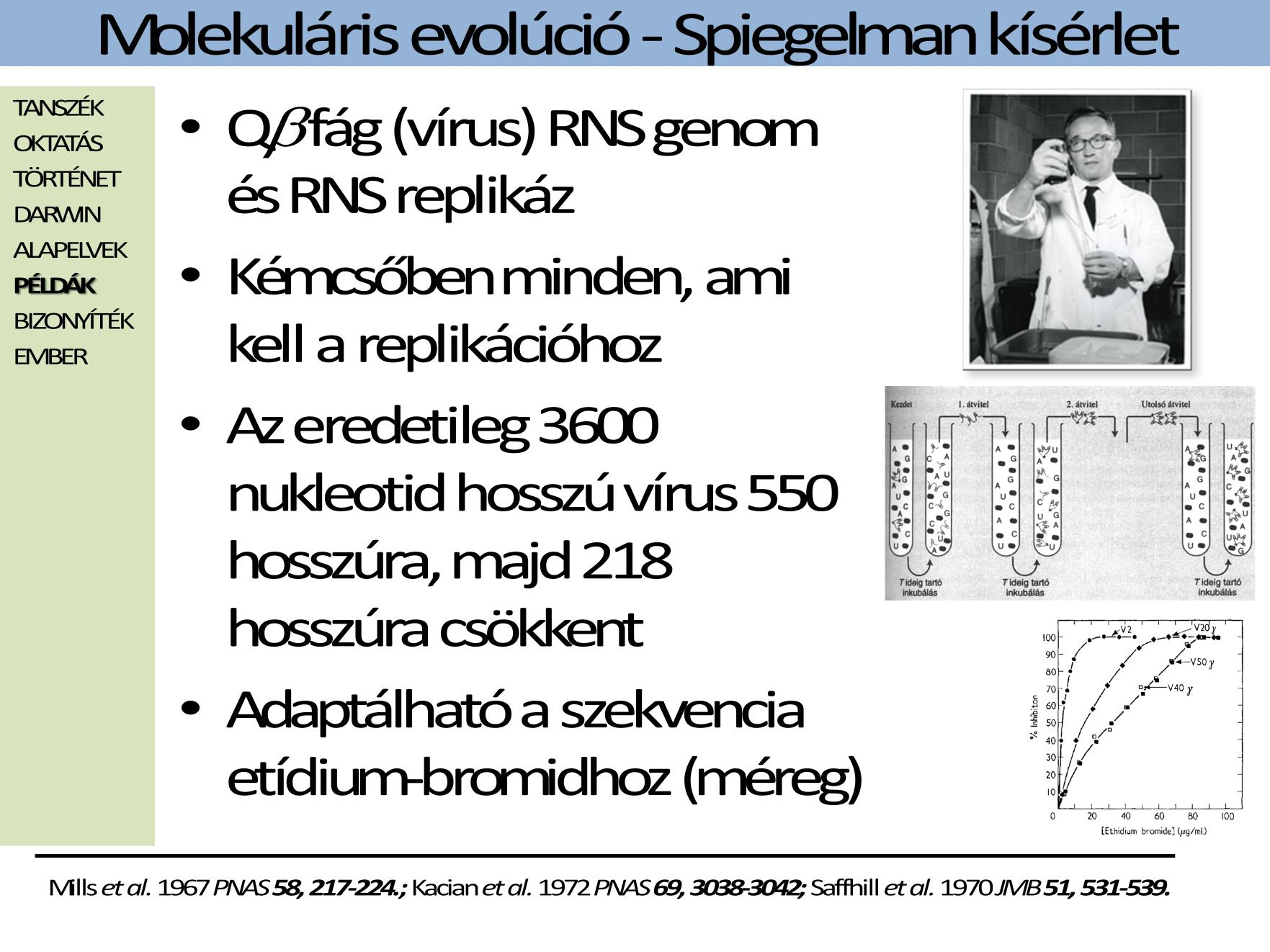 Mills, D. R., Peterson, R. E. & Spiegelman, S. 1967 An extracellular darwinian experiment with a self-duplicating nucleic acid molecule. PNAS 58, 217-224. Saffhill, R., Schneider-Bernloehr, H.