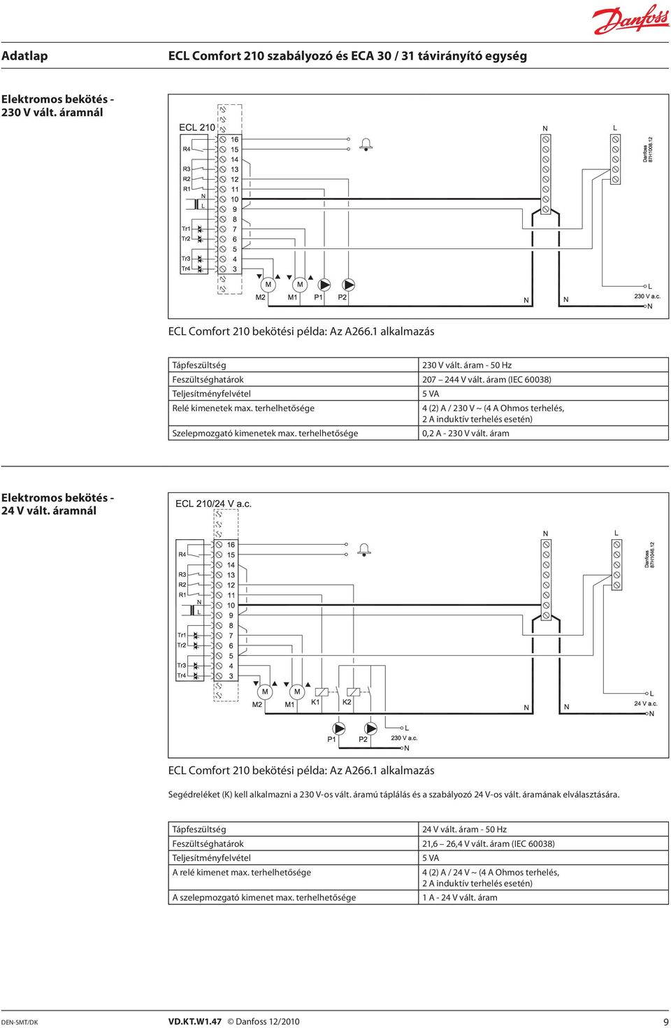 terhelhetősége 0,2 A - 230 V vált. áram Elektromos bekötés - 24 V vált. áramnál ECL Comfort 210 bekötési példa: Az A266.1 alkalmazás Segédreléket (K) kell alkalmazni a 230 V-os vált.