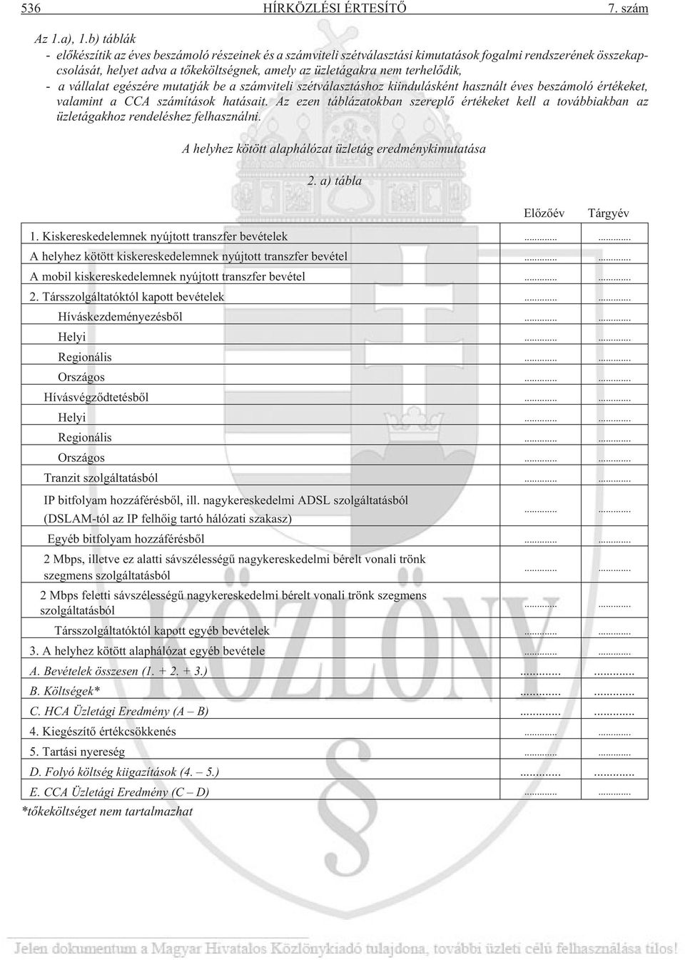 terhelõdik, - a vállalat egészére mutatják be a számviteli szétválasztáshoz kiindulásként használt éves beszámoló értékeket, valamint a CCA számítások hatásait.