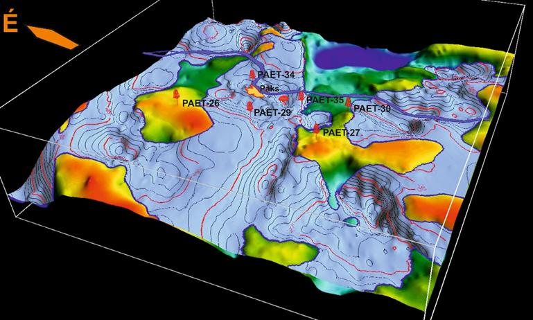 5.1.1.2.1-1. ábra: Az alsó-miocén képződmények felszínének (kékesszürke) domborzati térképe a telephelyvizsgálat keretében lemélyített, alaphegységet ért fúrások feltüntetésével.