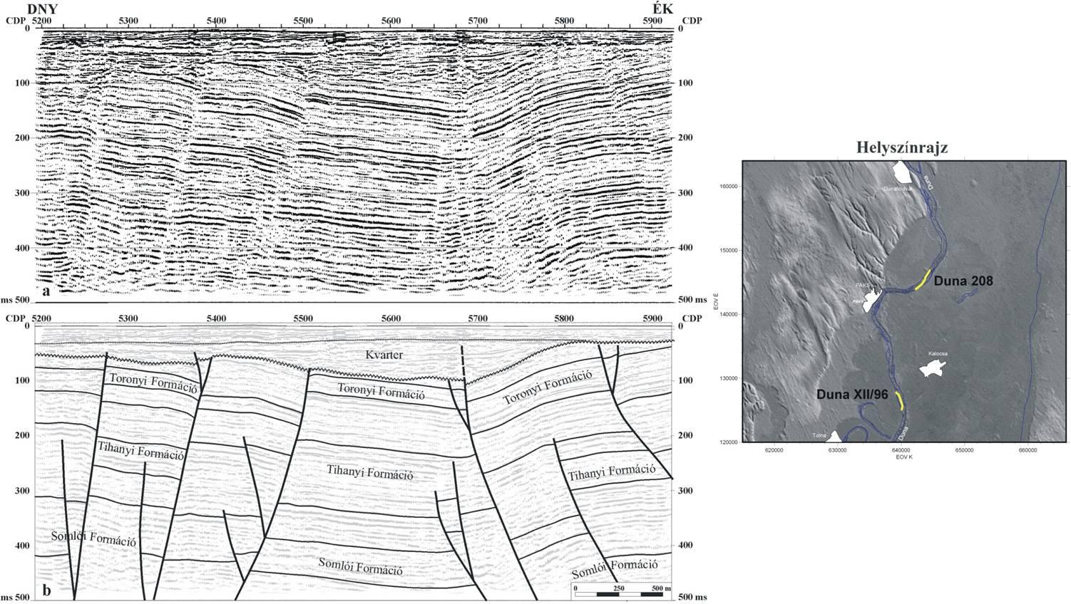 5.2.1.1-3. ábra: A fiatal (negyedidőszaki) tektonikai aktivitás lehetőségét mutató Duna- 208 jelű archív vízi szeizmikus szelvény [5-28] 5.2.1.2. A telephelyvizsgálat keretében született új adatok és eredmények 5.