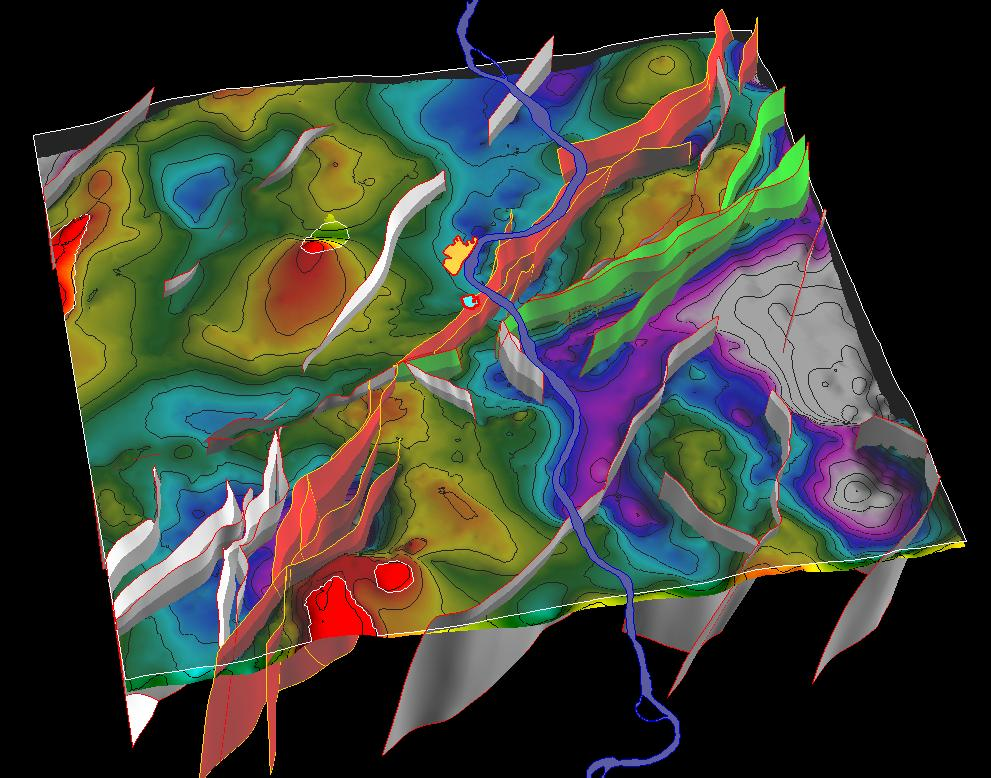 5.2.1.2.6-4. ábra: A 3D földtani modell vetőfelületeinek perspektivikus nézete DDK felől a pannon fekü (színezett) és az Algyői Formáció tetejének (transzparens) horizontjaival.