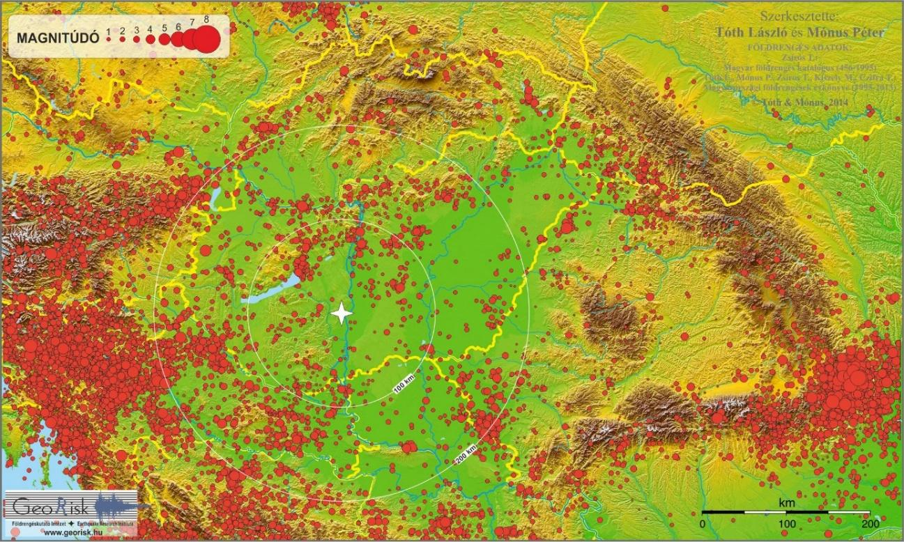 5.3.1.1-1. ábra: A Pannon-medence térségének szeizmicitása. A piros körök a földrengések epicentrumát mutatják, a körök nagysága a magnitúdóval arányos.