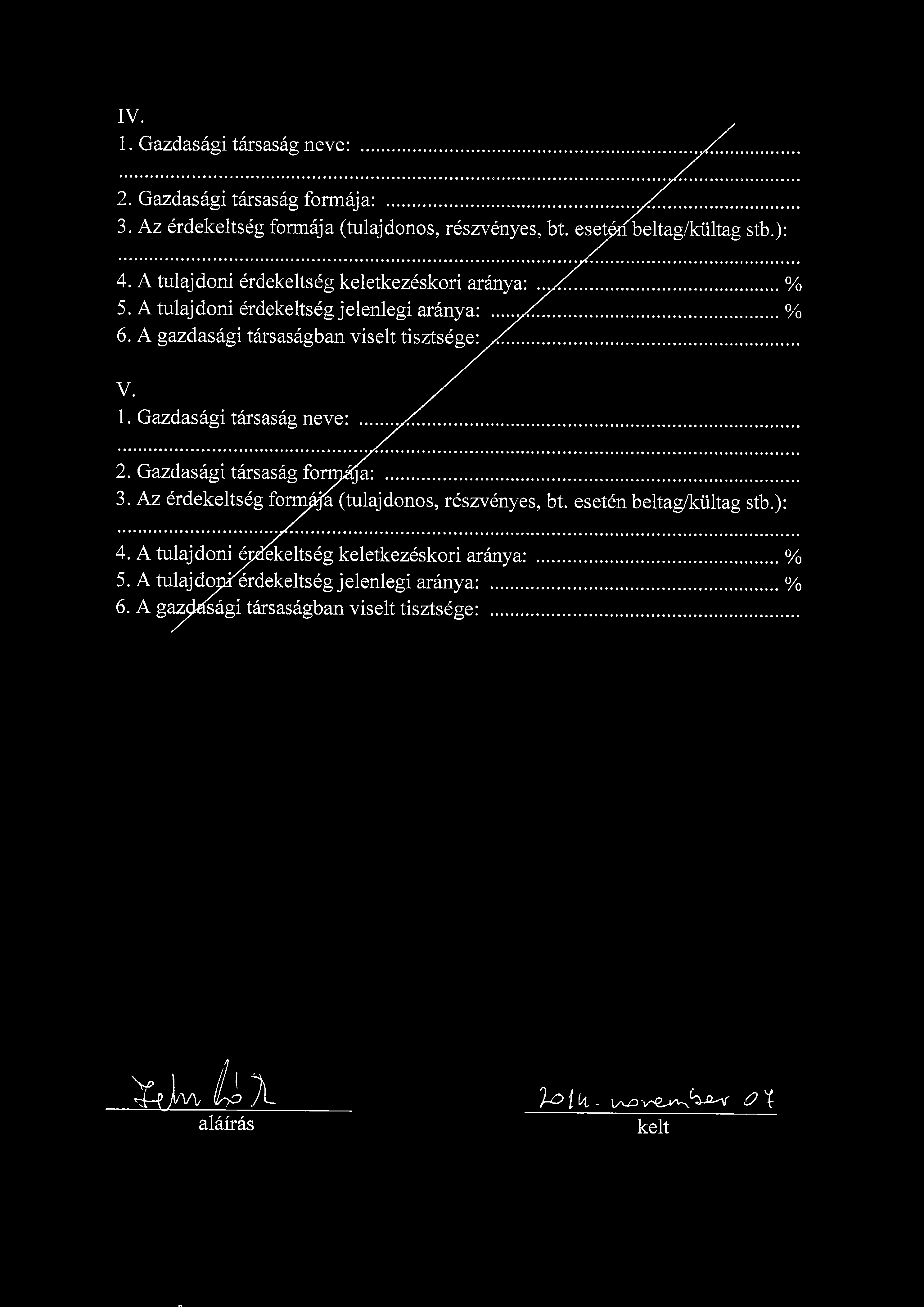 IV. 1. Gazdasagi tarsasag neve:... 2. Gazdasagi tarsasag formaja: 3. Az erdeseg formaja (tulajdonos, reszvenyes, bt. ese 4. A tulajdoni erdeseg keletkezeskori aranya: 5.