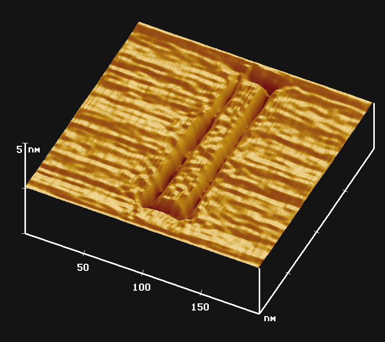 STM Nanolitográfia Egy STM litográfiával létrehozott 10 nm széles, 150 nm hosszú grafén nanoszalag STM képe, HOPG hordozón.