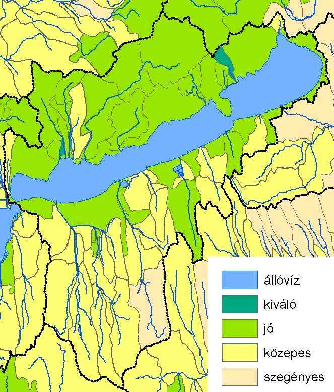 1-5. ábra: A Balaton közvetlen tervezési alegység minősítése biológiai aktivitásértéke alapján A vízgyűjtő terület legnagyobb része jó (63%) és közepes (32%) minősítésű.