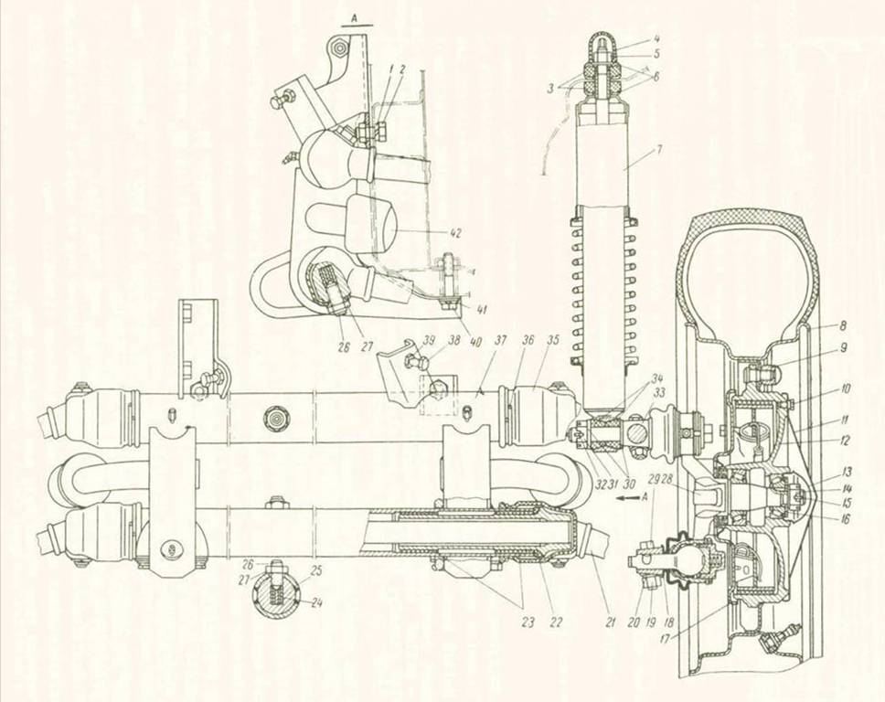 154. ábra Mellső kerékfelfüggesztés 1. alátét 2. csavar 3. párna 4. sapka 5. anya 6. foglalat gyűrű 7. lengéscsillapító 8. kerék 9. anya 10. csavar 11. dísztárcsa 12. agy 13. anyafedél 14. anya 15.