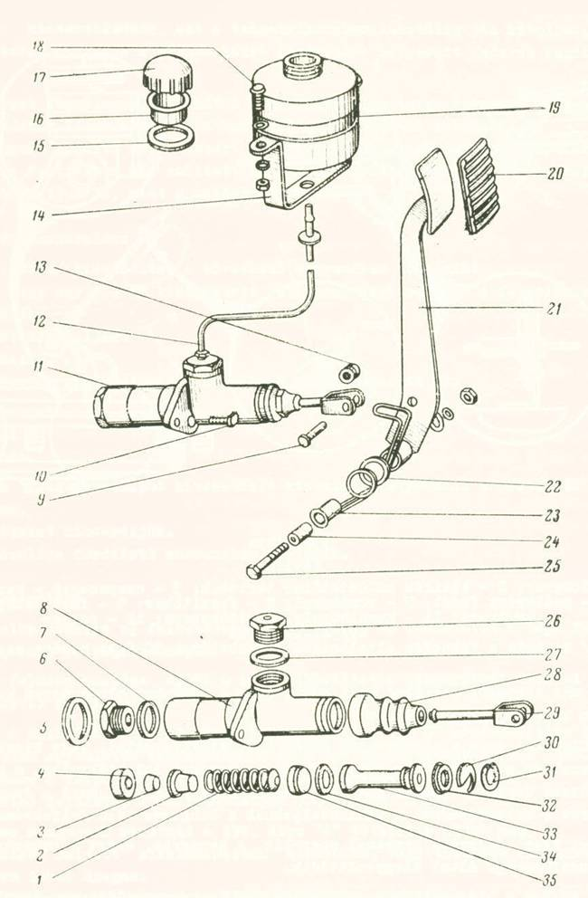 1. folyadéktartály 2. zárócsavar 3. csavar 4. anya 5. fékpedál 6. alátét 7. csapszeg 8. sasszeg 9. csavar 10. anya 11. visszahúzó rugó 12. csavar 13. alátét 14. főfékhenger 15. tömítés a.