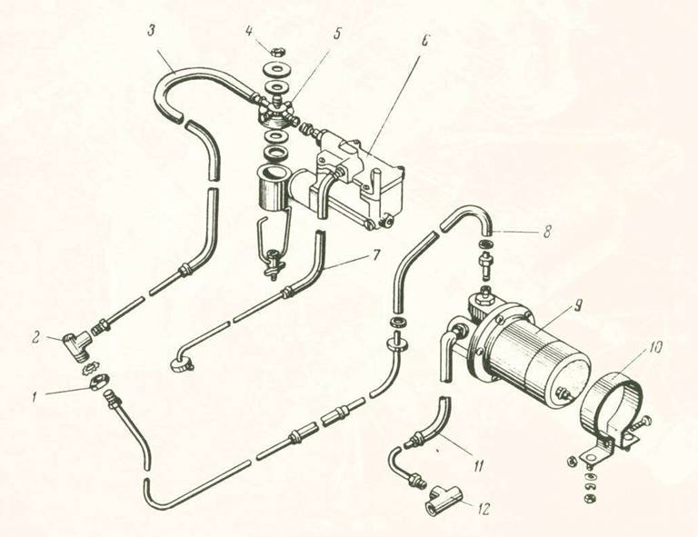 1. anya 2. sarokcsonk 3. tömlő 4. rögzítő anya 5. benzinülepítő 6. fogyasztás-szabályzó 7. tömlő 8. tömlő 9. üzemanyag szivattyú 10. rögzítő bilincs 11. tömlő 12. T-darab Az elektromos rendszer 256.