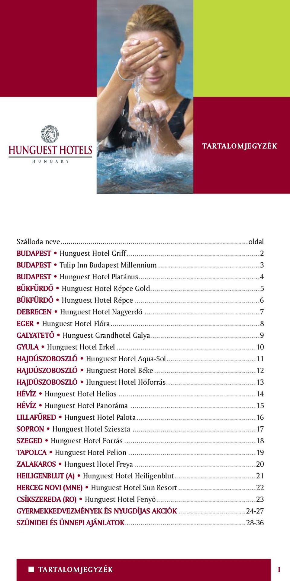 ..10 HAJDÚSZOBOSZLÓ Hunguest Hotel Aqua-Sol...11 HAJDÚSZOBOSZLÓ Hunguest Hotel Béke...12 HAJDÚSZOBOSZLÓ Hunguest Hotel Hôforrás...13 HÉVÍZ Hunguest Hotel Helios...14 HÉVÍZ Hunguest Hotel Panoráma.